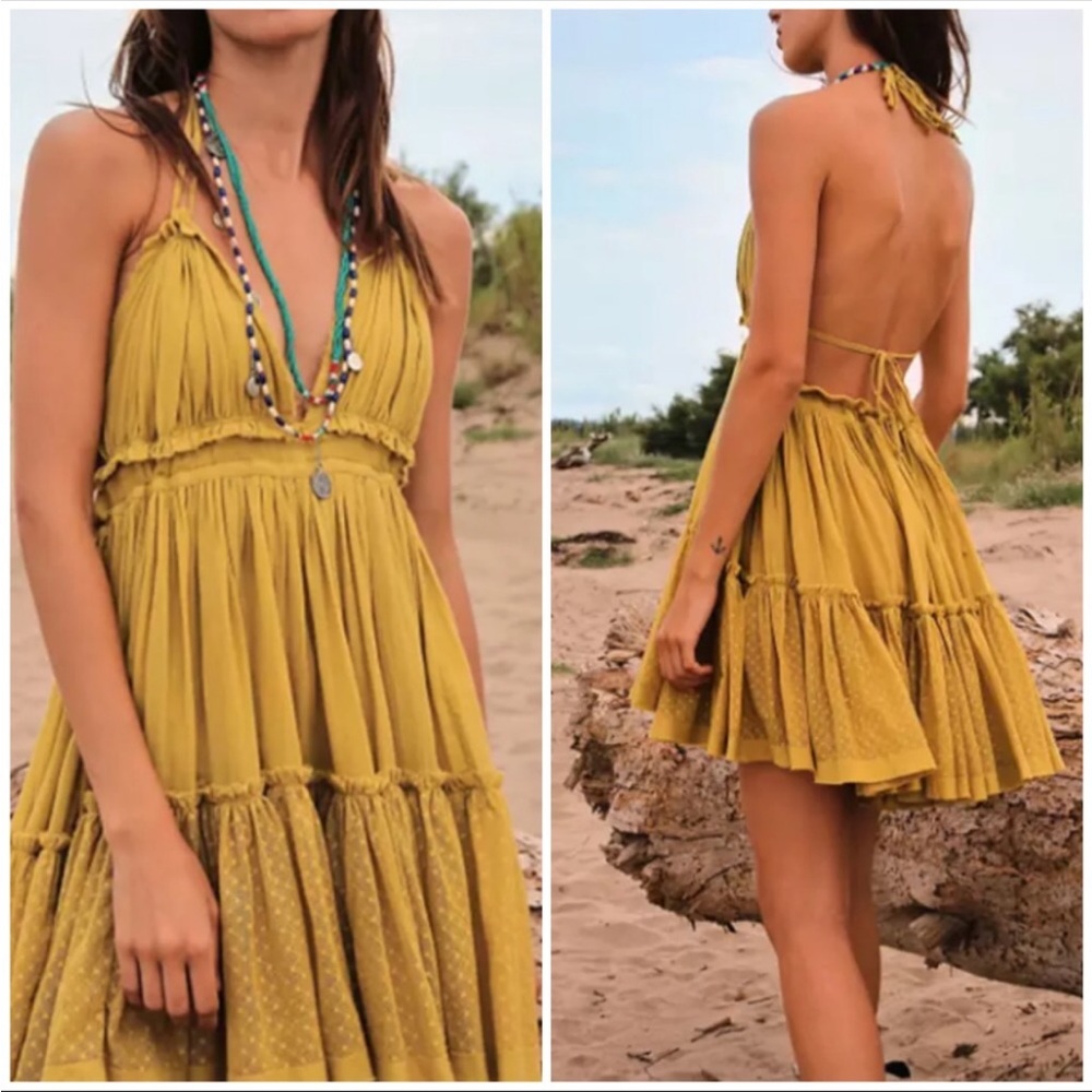 CLOSEOUT SALE New! Mustard Swiss Dot Ruffle Halter Dress - Picture 2 of 8